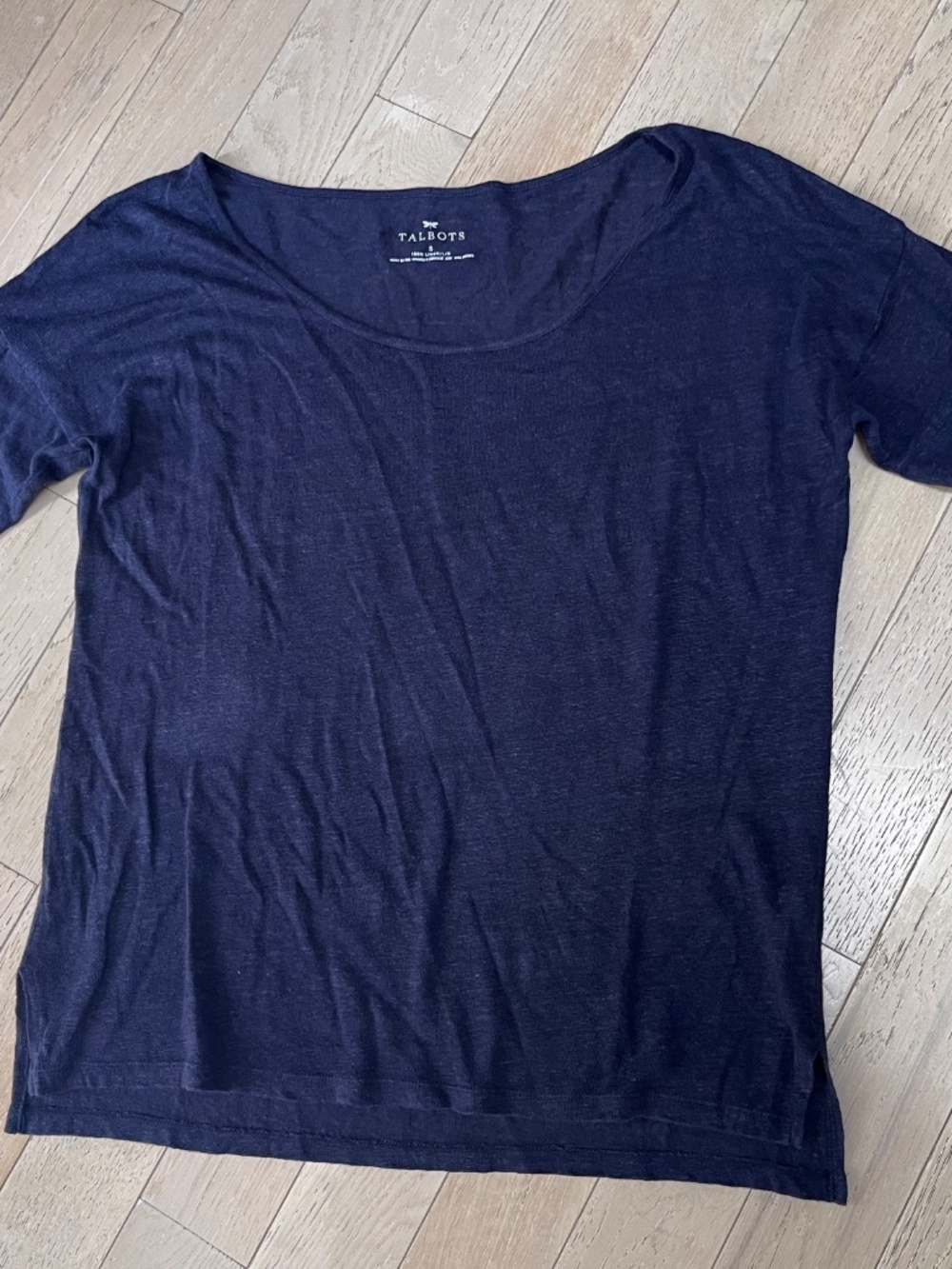 Talbots Womens 100% Linen Slub Knit 3/4 Sleeve Tunic top Size Small Navy Blue